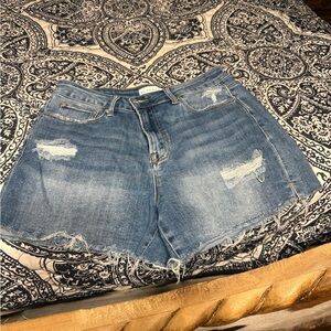 Blue Distressed Jean Shorts with Frayed Hem